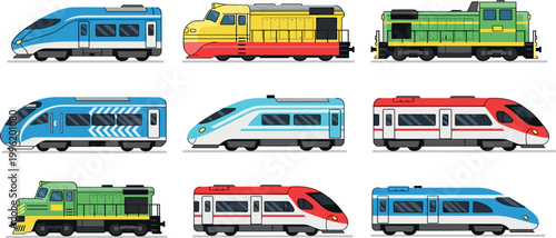Collection of colorful train illustrations including high-speed bullet trains locomotives and passenger rail vehicles isolated on white background vector set for transportation themes