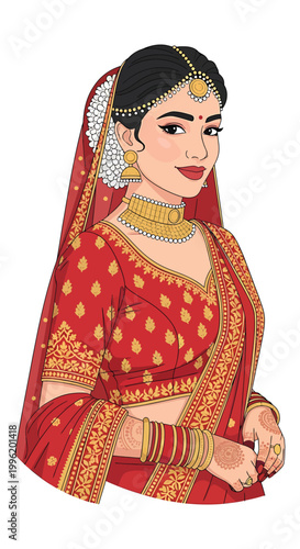 Illustration of a woman wearing traditional Indian wedding clothes and jewelry