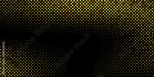Abstract luxury banner with golden glittering dots on black background. Sparkling glitter bottom border, vector frame. Halftone effect. Magical gold dust. Pop art style backdrop.