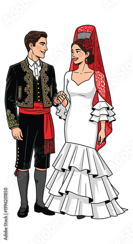 a man and woman dressed in traditional spanish clothing, holding hands, formal wedding attire