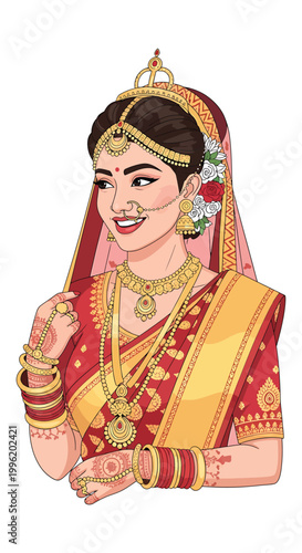 A beautiful Indian woman dressed in red and gold traditional wedding sari and ornaments