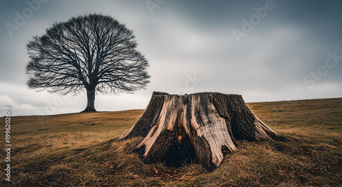 A large tree stump sits in a vast field with a leafless tree in the background under a cloudy sky.