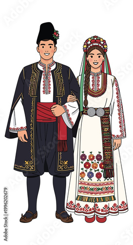 a man and woman wearing traditional bulgarian clothing, standing side by side, cultural heritage, folk attire