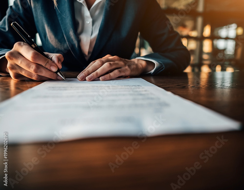 Businesswoman signing contract on office desk with documents and pen. Professional corporate scene representing agreement, partnership, legal deal and successful business transaction.
