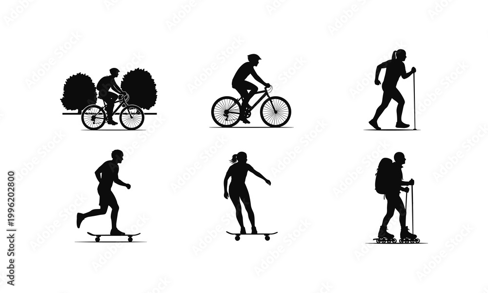Fototapeta premium Active people silhouette vector illustration including bicycle riding and skate boarding.