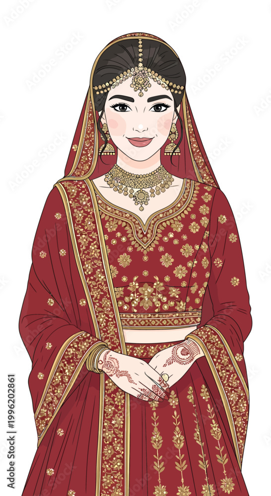 Fototapeta premium illustration of a beautiful indian woman wearing traditional wedding attire with intricate gold designs