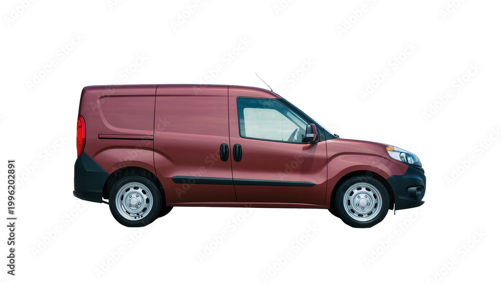 Obraz premium Maroon panel van with black trim and silver wheels, isolated on transparent background