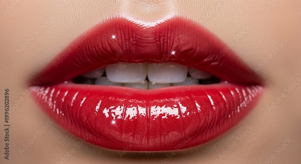 Obraz premium Close-up of glossy red lipstick bullet on black case with soft bokeh background