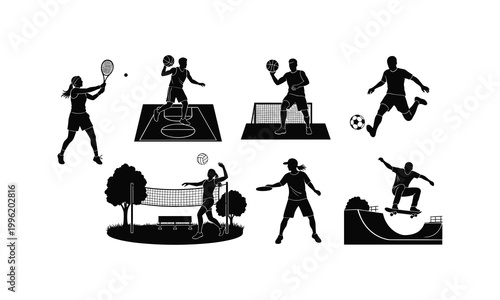 Athletic people sports silhouette vector illustration with active lifestyle line art.