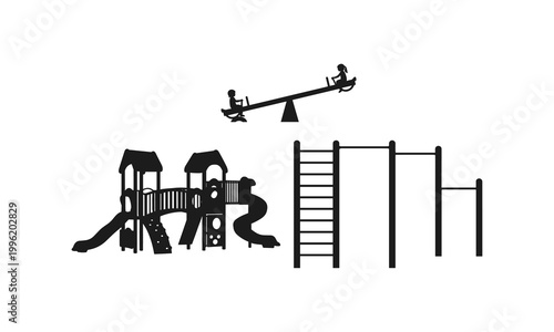 Children playground silhouette vector illustration with slide and seesaw equipment icons.
