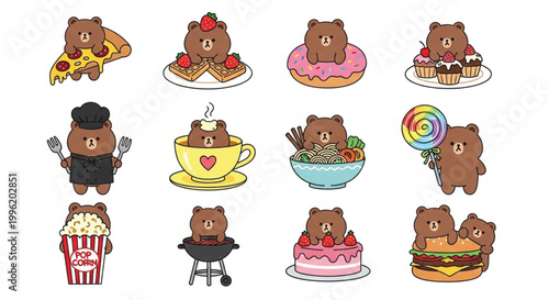 Cute Kawaii Bear Food Character Set with Teddy Bears Eating Pizza Donut Ramen Burger and Sweet Desserts for Kids Sticker and Illustration Design