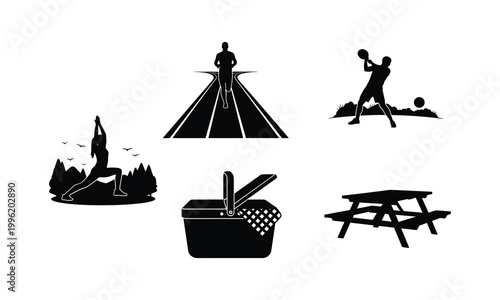 Fitness and picnic park elements vector illustration set with sports and outdoor leisure.