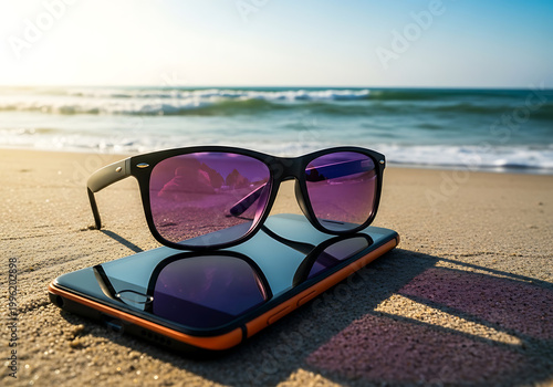 A pair of sunglasses with purple lenses resting on a smartphone on a sandy beach by the ocean shore on a sunny day