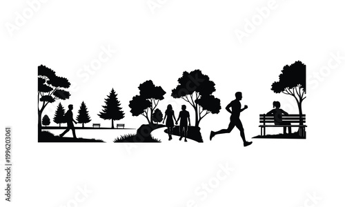 Park recreation vector illustration with people running walking and sitting silhouette art.