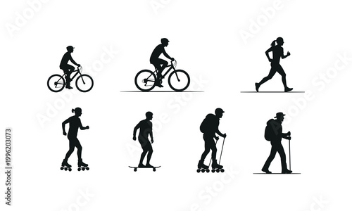 People commuting and urban activity leisure silhouette vector illustration line art set.