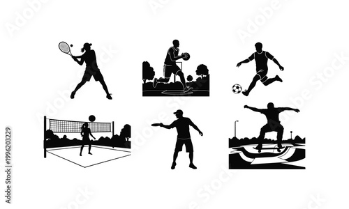 Sports silhouettes vector illustration set people playing tennis basketball soccer volleyball frisbee skate.