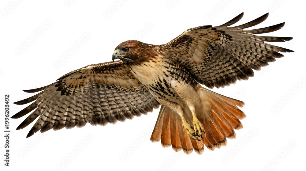 Fototapeta premium Northern Goshawk in Flight Against White Sky - Majestic Bird of Prey with Spread Wings and Sharp Talons