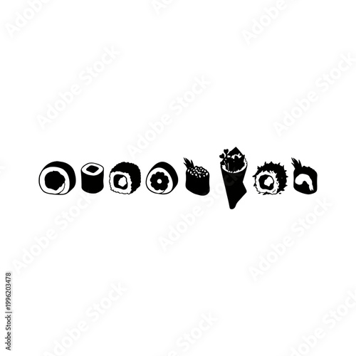 Japanese sushi silhouette set with maki futomaki temaki gunkan and uramaki on white background