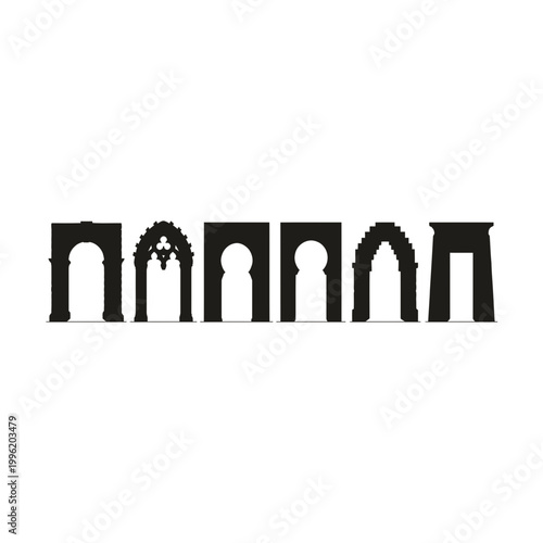 A collection of various historical and cultural archways in silhouette for architectural design projects