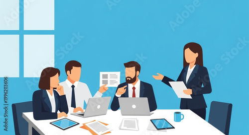 Business meeting with diverse team collaborating around a table.