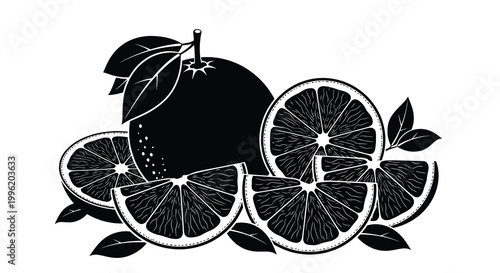 orange slices and whole fruit black and white vector illustration