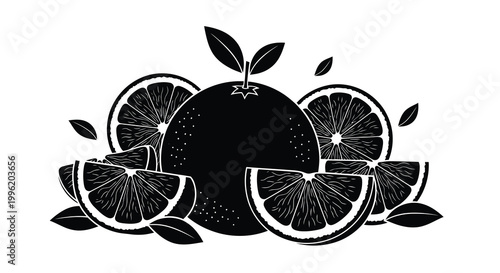 orange slices and whole fruit in black and white vector illustration