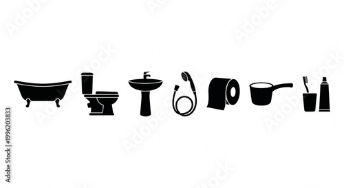 Complete Vector Silhouette Icon Set of Bathroom Fixtures and Accessories: Bathtub, Toilet, Sink, Handheld Shower, Toilet Paper, Water Dipper, Toothbrush, and Toothpaste Isolated on White Background