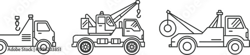 Tow Truck Icon Set Featuring Different Tow Trucks with Cranes and Winches for Vehicle Illustrations, Transport, and Automotive Designs