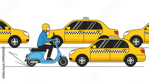Rider on blue scooter navigating through traffic with yellow taxis