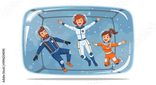 Three astronauts floating in zero gravity space