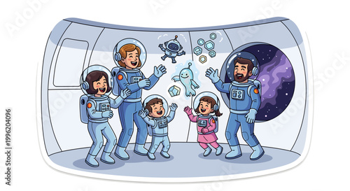 Family of astronauts in space with kids exploring galaxy