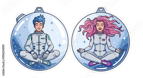 Astronauts meditating in space suits, serene cartoon illustration