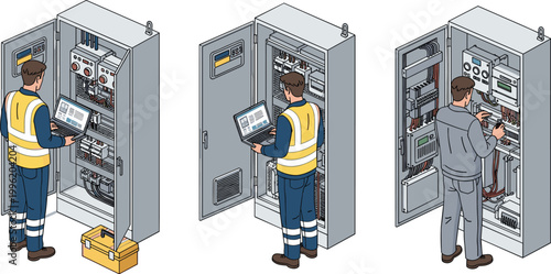"Electrician Working with Electrical Control Panel and Equipment for Maintenance, Repair, and Industrial Services Graphics"
