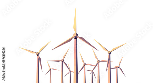 Wind turbines generating renewable energy on a white background