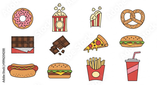 Collection of popular fast food and snack icons.