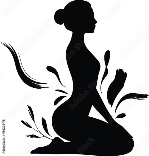 Black silhouette of a woman kneeling in a meditative yoga pose with abstract water splash elements black and white line art silhouette kneeling meditation wellness exercise mindfulness