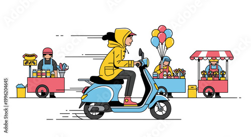 person riding scooter past food carts with balloons
