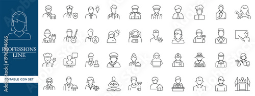 Professions Line Icons Set, Occupation Avatars Outline Vector Collection Editable Stroke