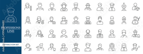 Professions Line Icons Set, Occupation Avatars Outline Vector Collection Editable Stroke