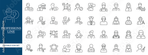 Professions Line Icons Set, Occupation Avatars Outline Vector Collection Editable Stroke