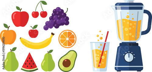 Fruit and Smoothie Illustration Set with Fresh Produce and Blender for Healthy Juice and Beverage Concepts