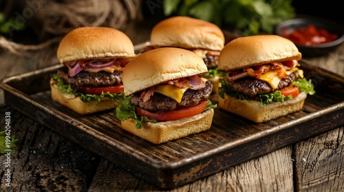 Delicious Trio of Mini Burgers on Rustic Tray, Gourmet Food Presentation, Appetizing Slider Meal
