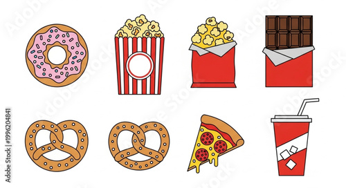 Collection of popular unhealthy snack foods and drinks.