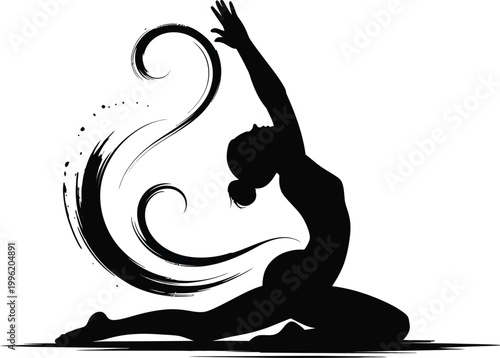Yoga practitioner silhouette in king pigeon pose with swirling brush strokes yoga class yoga studio yoga mat yoga instructor yoga lifestyle yoga meditation yoga health yoga wellness