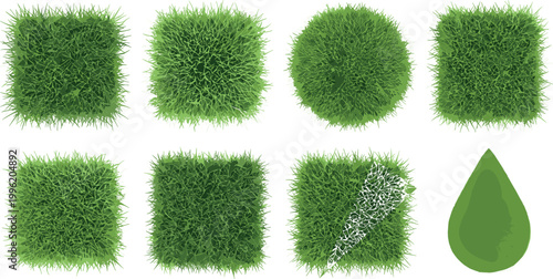 Green Grass Texture Vector Set with Square Rectangle Circle Lawn Patches and Water Drop Element for Nature Garden Design