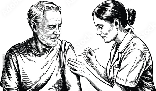 An elderly man receives a vaccination shot in his arm from a female nurse, depicted in a detailed black and white illustration.