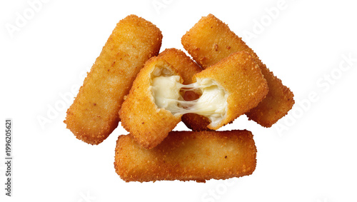 Golden crispy fried mozzarella cheese sticks with melted gooey cheese, isolated on transparent background