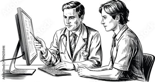 Doctor explaining medical information to a patient on a computer screen during a consultation , eps.