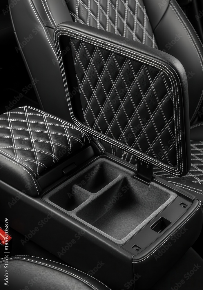 Fototapeta premium Open center console of a luxury vehicle showcases quilted leather upholstery with white contrast stitching.