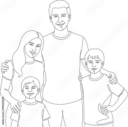Minimalist one-line drawing capturing a happy family portrait of parents and two children posing together for a timeless keepsake.